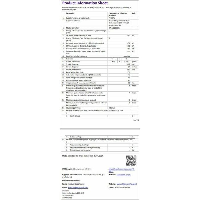Philips 27E1N1800AE Monitor Profesional 27" 4K UHD IPS HDR Multimedia Regulable en altura Negro 33
