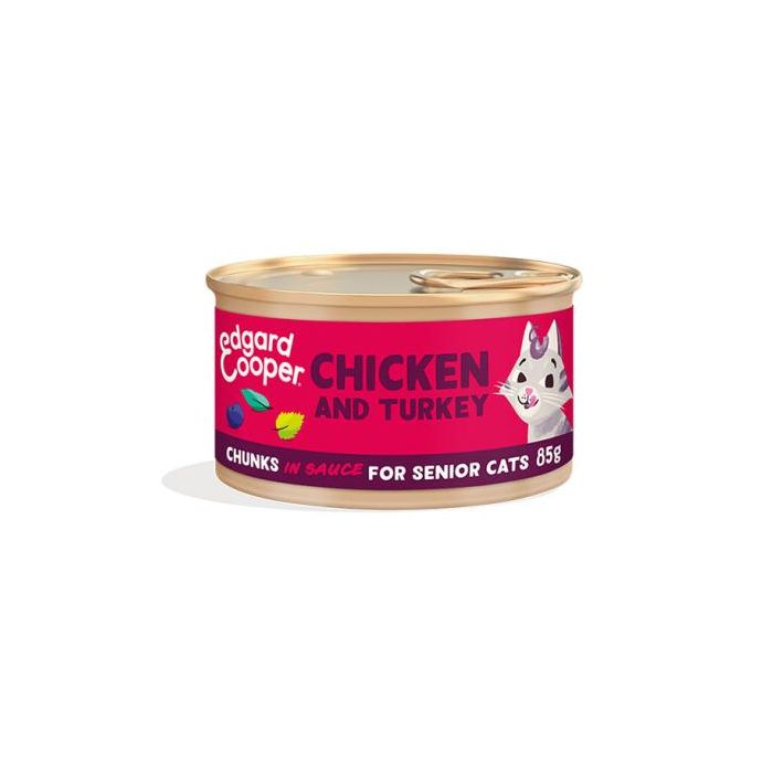 Feline Senior: Alimento Húmedo para Gato Senior Sabor Pavo y Pollo, Trocitos en Lata, Pack de 18 Unidades de 85 gr