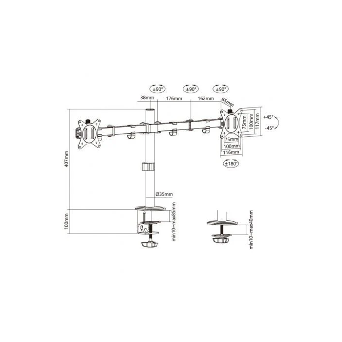 AISENS - SOPORTE DE MESA ECO GIRATORIO E INCLINABLE PARA 9KG (3 PIVOTES, 2 BRAZOS) DE 17-32, NEGRO