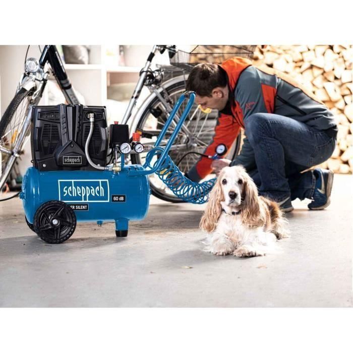 Scheppach HC25Si Compresor de Aire Silencioso 60 dB, Horizontal, 2 Cilindros, 24 L, 1.5 HP (1100W), 8 bar, 230 L/min para Hogar y Garaje 2