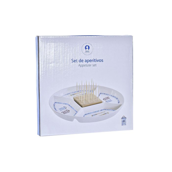 DKD Home Decor Fuente Decorativa para Aperitivo Mediterráneo Colección Salitre Gres y Bambú Azul Natural 23.5x23.5x7 cm 3