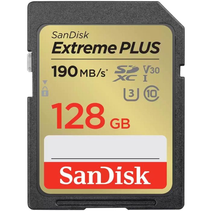 SanDisk Tarjeta Memoria Extreme PLUS 128 GB SDXC UHS-I U3 Clase 10 hasta 190 MB/s Lectura, 90 MB/s Escritura 4K UHD