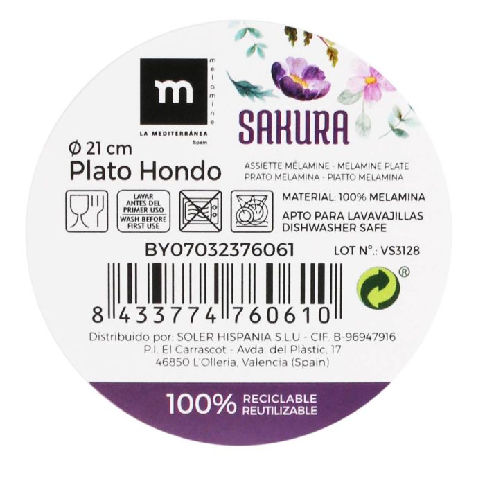 La Mediterranea Plato Hondo Melamina Colección Sakura Brillo 21 x 5,3 cm (24 Unidades) 2