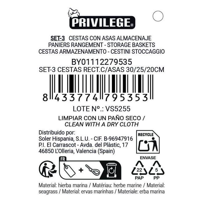 Privilege Set 3 Cestas Rectangulares con Asas 30 cm, 25 cm, 20 cm 10 Privilege Set 3 Cestas Rectangulares con Asas 30 cm, 25 cm, 20 cm 10