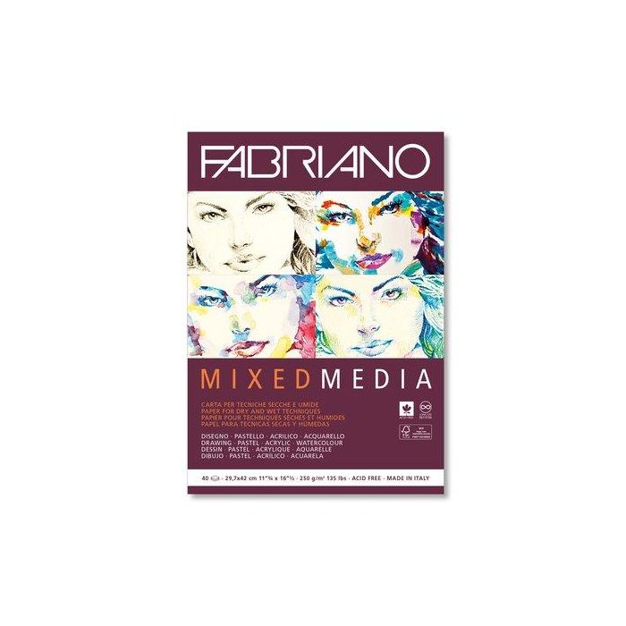 Bloc De Dibujo Fabriano Mixed Media Encolado Liso Tecnicas Mixtas (Secas Y Humedas) A3 250G 40H