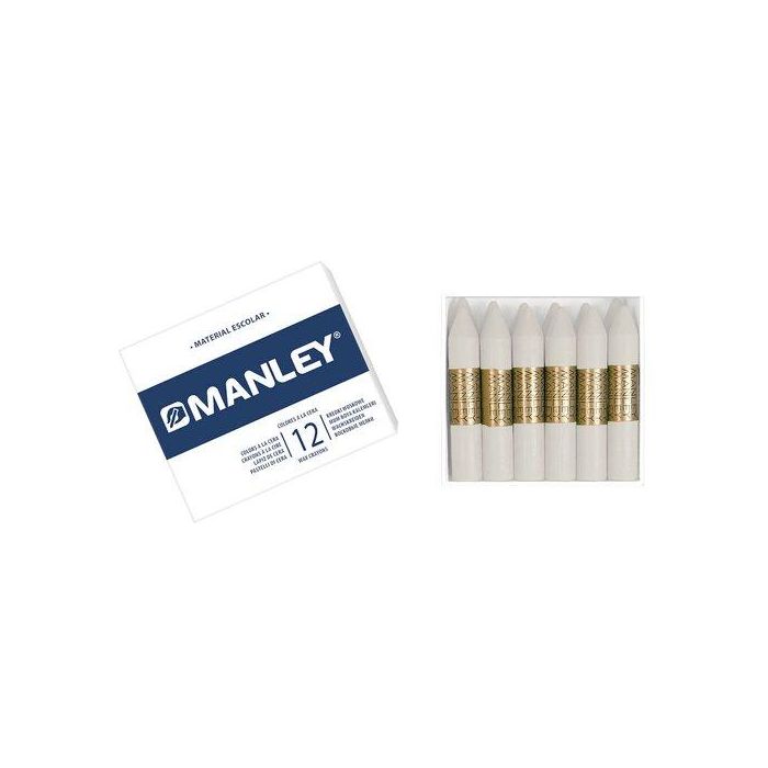 Manley Lápices cera unicolor blanco Nº1, caja de 12 unidades. Suaves y resistentes a la luz para superficies porosas