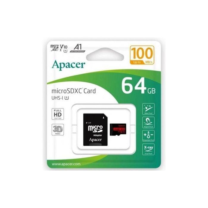 Tarjeta de Memoria Apacer 64GB XC UHS 1 con Adaptador/ Clase 10/ 100MBs Tarjeta de Memoria Apacer 64GB XC UHS 1 con Adaptador/ Clase 10/ 100MBs