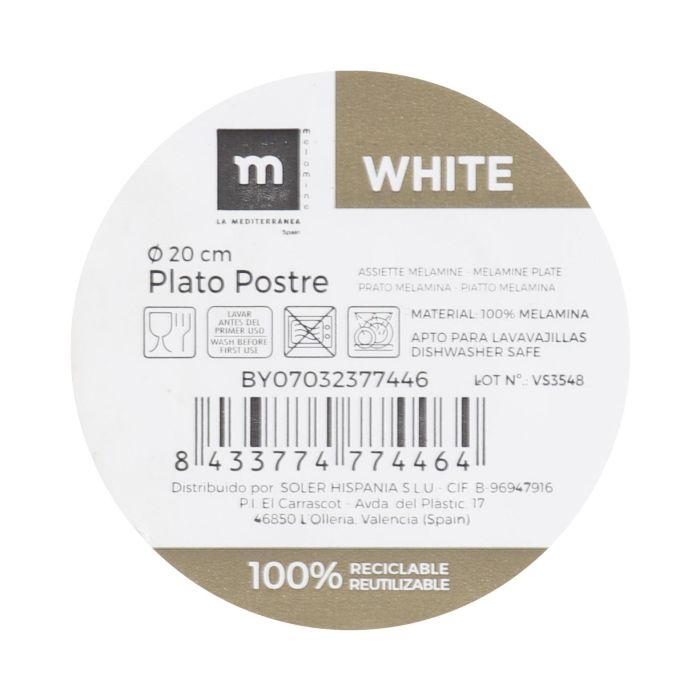 Plato Postre Melamine White 20 cm La Mediterranea (24 Unidades) 1 Plato Postre Melamine White 20 cm La Mediterranea (24 Unidades) 1