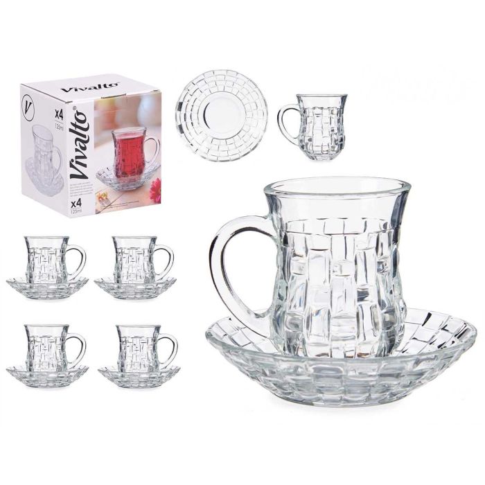 Vivalto Set 4 Tazas de Vidrio con Plato, Textura Mimbre, 125 ml, Transparente, Taza Ø9x8,5 cm, Plato 12,2x12,2 cm (12 Unidades) Vivalto Set 4 Tazas de Vidrio con Plato, Textura Mimbre, 125 ml, Transparente, Taza Ø9x8,5 cm, Plato 12,2x12,2 cm (12 Unidades)