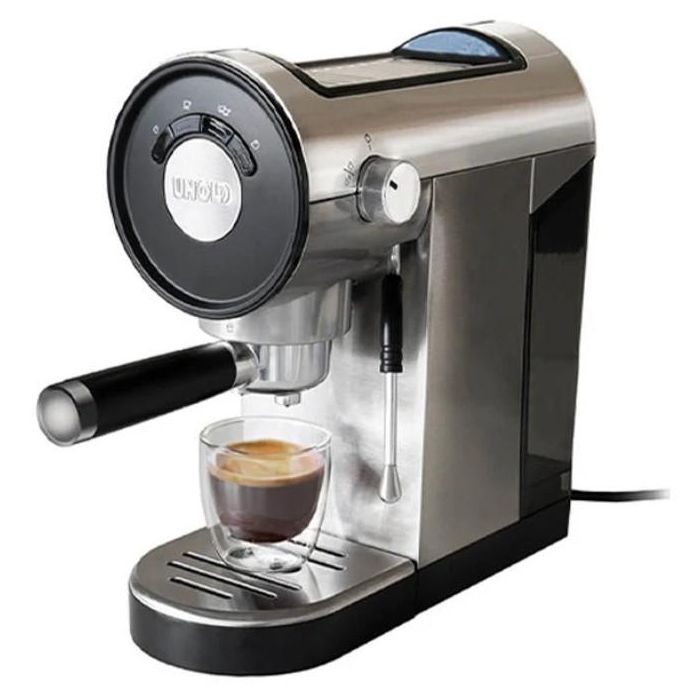 Unold 28636 Piccopresso - Máquina Espresso 0.9L, Café Molido, 20 Bares, Espumador, Negro/Acero Inoxidable