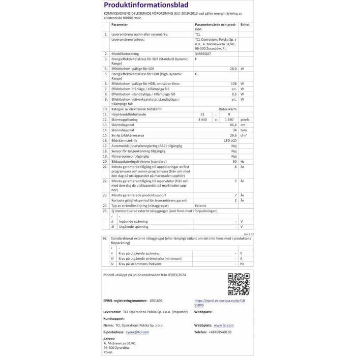 Monitor TCL 34R83Q LCD 37" 26