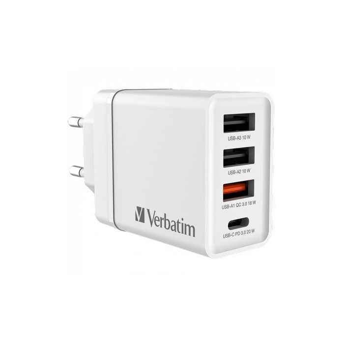 Verbatim Cargador de Pared 30W GaN con 1x USB-C PD y 3x USB-A, Carga Rápida para Múltiples Dispositivos Verbatim Cargador de Pared 30W GaN con 1x USB-C PD y 3x USB-A, Carga Rápida para Múltiples Dispositivos