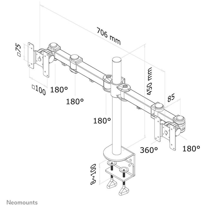 Neomounts FPMA-D960D Soporte de escritorio para 2 monitores hasta 27" (69 cm) y 8 kg, VESA 100x100mm, Negro 6