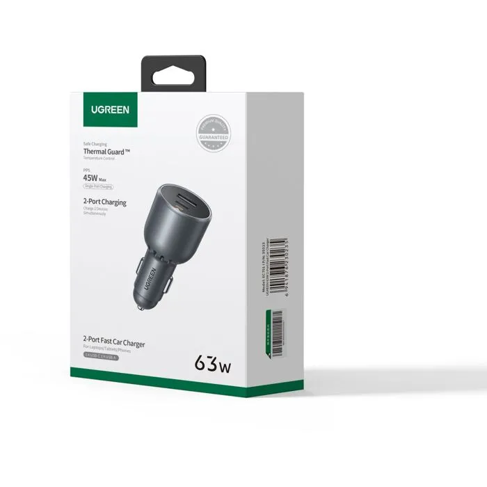 Ugreen Cargador de Coche 63W, 1 USB-C + 1 USB-A, Modelo UGR6941876230235, Color Gris