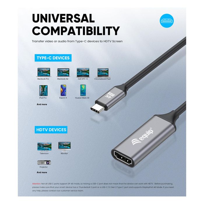 Equip Adaptador USB-C a HDMI 2.0, Cable Macho/Hembra 15 cm, 4K Ultra HD a 60 Hz, 3840x2160, Compatible con Thunderbolt 3/4, Plug and Play, Carcasa Aluminio