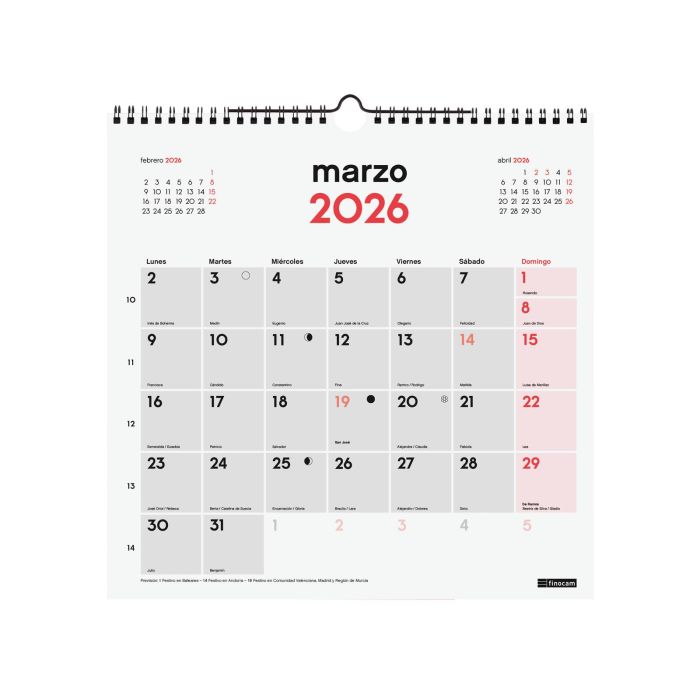 Finocam Calendario de Pared 30x30 cm Mv Neutro 2026 – Anual con Espacio para Escribir y Planificar, con Festivos Internacionales 2