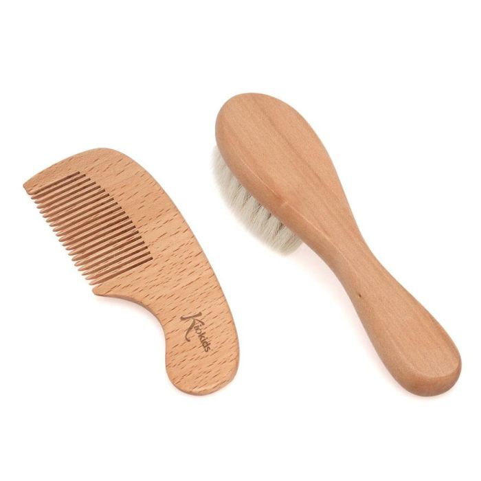 KioKids Set de Peines Madera de Haya para Bebés Antialérgico Cerdas Extrasuaves Natural y Sostenible +0 Meses 2