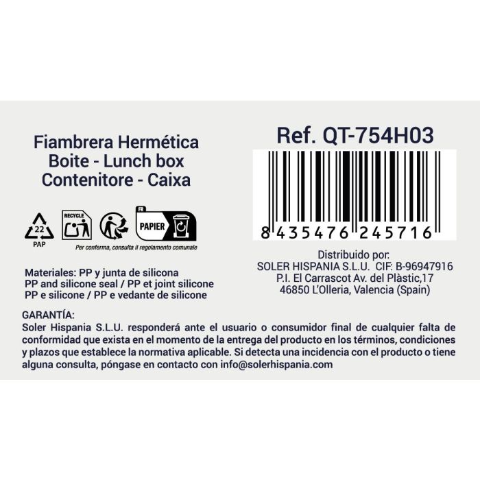 Fiambrera Hermética Quttin L&F 1600 ml- 15 x 10 x 18 cm 6