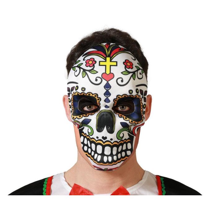 Máscara Calavera Blanca con Cruz y Detalles Florales Multicolor para Día de los Muertos, Fiestas Culturales y Halloween