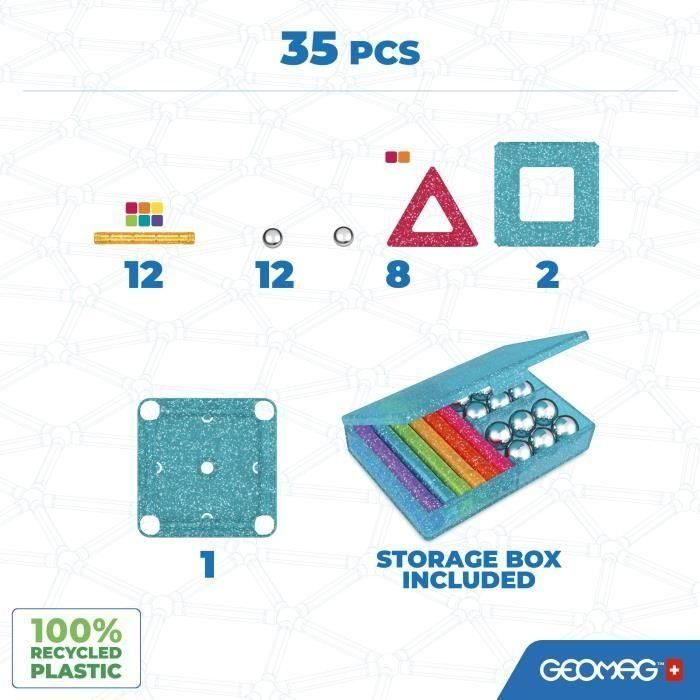 Geomag Purpurina Ecofriendly Set Construcción Magnética 35 Piezas: 12 Barras, 12 Esferas, 10 Paneles. Plástico 100% Reciclado, Efectos Brillo 2D 3D 1