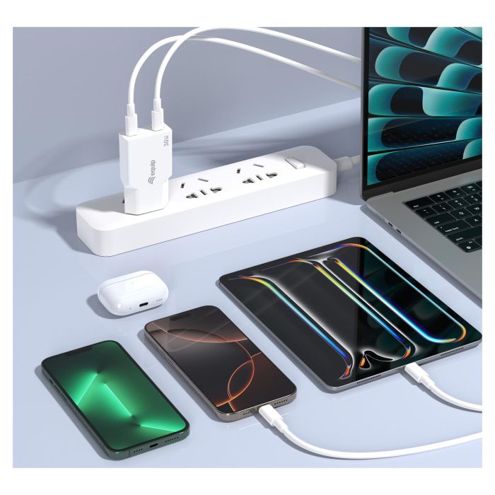 Equip 245524 Cargador USB-C GaN Slim 30W 2 Puertos (PD 3.0, QC 3.0) Blanco - Carga Rápida Compacta para 2 Dispositivos 2 Equip 245524 Cargador USB-C GaN Slim 30W 2 Puertos (PD 3.0, QC 3.0) Blanco - Carga Rápida Compacta para 2 Dispositivos 2