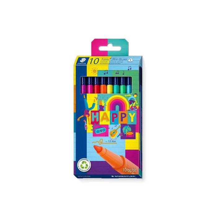 Staedtler Rotulador Triplus Color 323, Punta Fibra 1.0 mm, Estuche 10 Colores Surtidos, Tinta Base Agua, Lavable