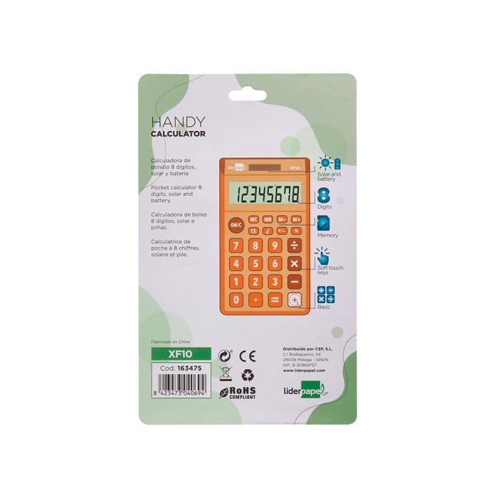 Calculadora Liderpapel Bolsillo Xf10 8 Digitos Solar Y Pilas Color Naranja 115x65x8 mm 4