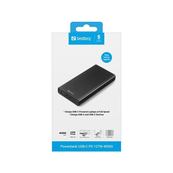 Sandberg Batería Externa Powerbank 40000 mAh USB-C PD 127W de Aluminio, Carga Ultra Rápida para Portátiles y Dispositivos USB-A/C 1