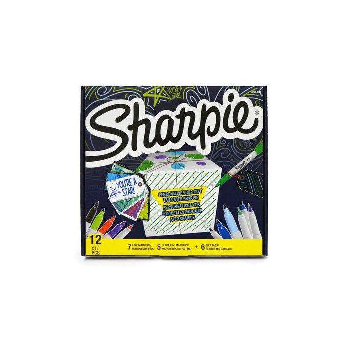 Rotulador Permanente Special Pack Sharpie + Gift On Caja De 12 7X Fine 5X Ultra Fine Set Of Tags (3 Blancas + 3 Negras) De Regalo