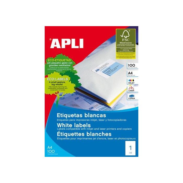 Apli Etiquetas Adhesivas A3 297x420 mm Blanco para Inkjet y Láser, Pack de 100 Hojas