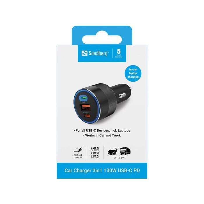 Sandberg Cargador de Coche 3in1 130W USB-C PD para Móviles y Tablets 4