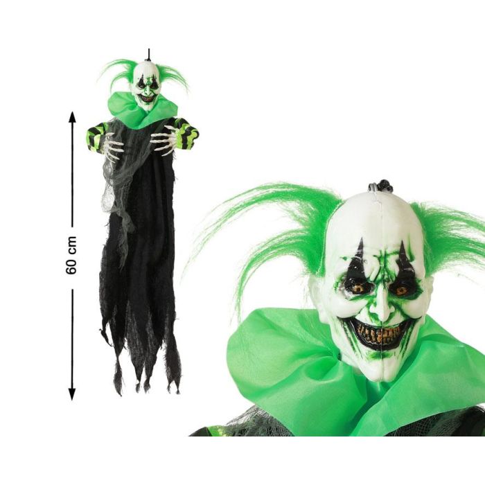 Figura Payaso Colgante Terrorífico con Pelo Verde y Maquillaje Macabro 60 cm para Halloween