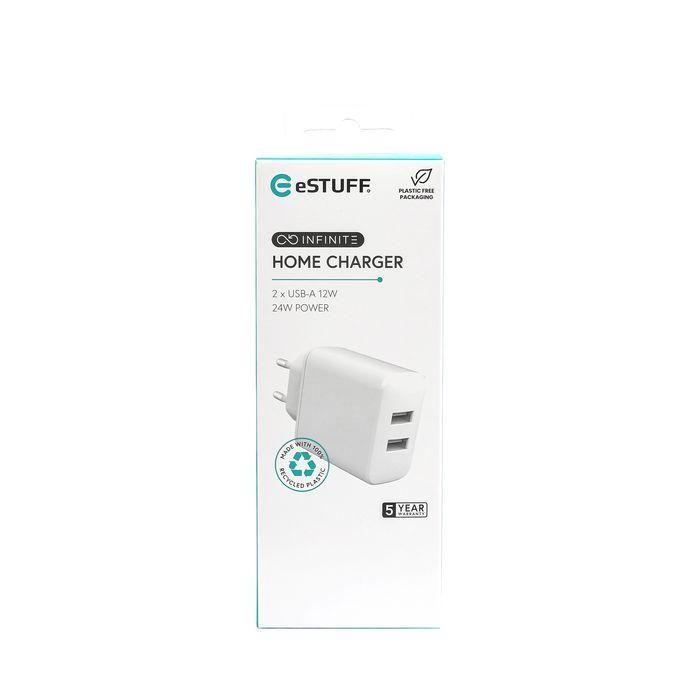 eSTUFF Cargador USB-A 24W INFINITE para Smartphones y Tablets, Carcasa 98% Plástico Reciclado GRS, Blanco, Certificado UE 1 eSTUFF Cargador USB-A 24W INFINITE para Smartphones y Tablets, Carcasa 98% Plástico Reciclado GRS, Blanco, Certificado UE 1