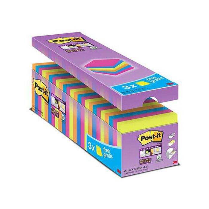 Bloc De Notas Adhesiva Quita Y Pon Post-It Super Sticky 76x76 mm 90 Hojas Colores Surtidos Pack De 21 + 3 1