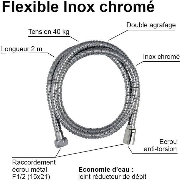 Edouard Rousseau ROU3047404226367 Flexo Ducha 2 m Acero Inoxidable Cromado Doble Grapa, Tuercas Anti-Torsión, Reducción Caudal 2