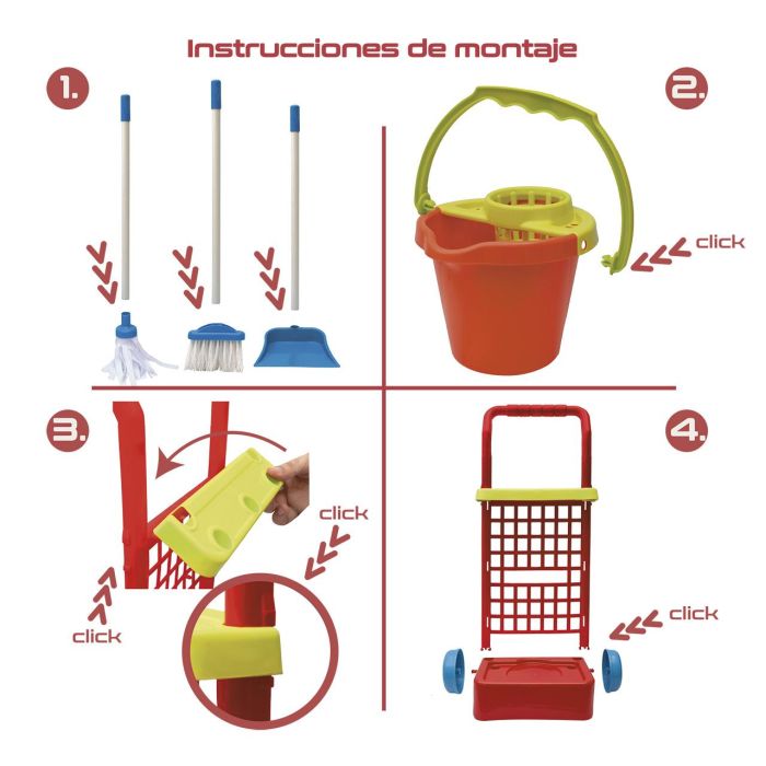 Tachan Carrito De Limpieza Rojo SB 12 con Escoba, Recogedor, Cubo y Fregona para Niños +3 Años 2