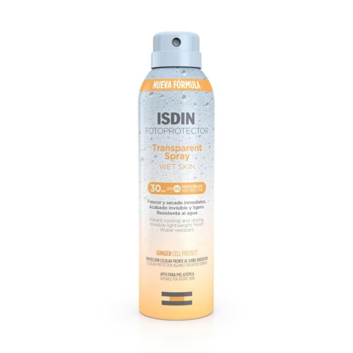 ISDIN Fotoprotector Solar Corporal Transparent Spray SPF30 Wet Skin Resistencia Agua Secado Rápido para Todo Tipo de Pieles 250 ml ISDIN Fotoprotector Solar Corporal Transparent Spray SPF30 Wet Skin Resistencia Agua Secado Rápido para Todo Tipo de Pieles 250 ml