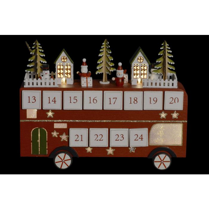 DKD Home Decor Calendario Adviento Navidad con LED de Madera Tradicional Rojo Blanco Diseño Autobús Casa Árbol 10x25x31.5 cm