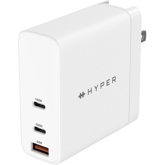 Hyper HYPERJUICE Cargador GaN USB-C de 140W con Carga Rápida, 2 Puertos USB-C y Cable de 2m Blanco para Portátiles/Móviles