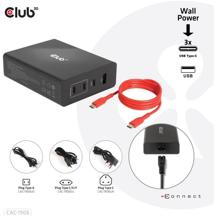 Club3D Ladegerät 3xUSB Typ C. 1xUSB Typ A. PD 132W. GaN retail 12 Club3D Ladegerät 3xUSB Typ C. 1xUSB Typ A. PD 132W. GaN retail 12