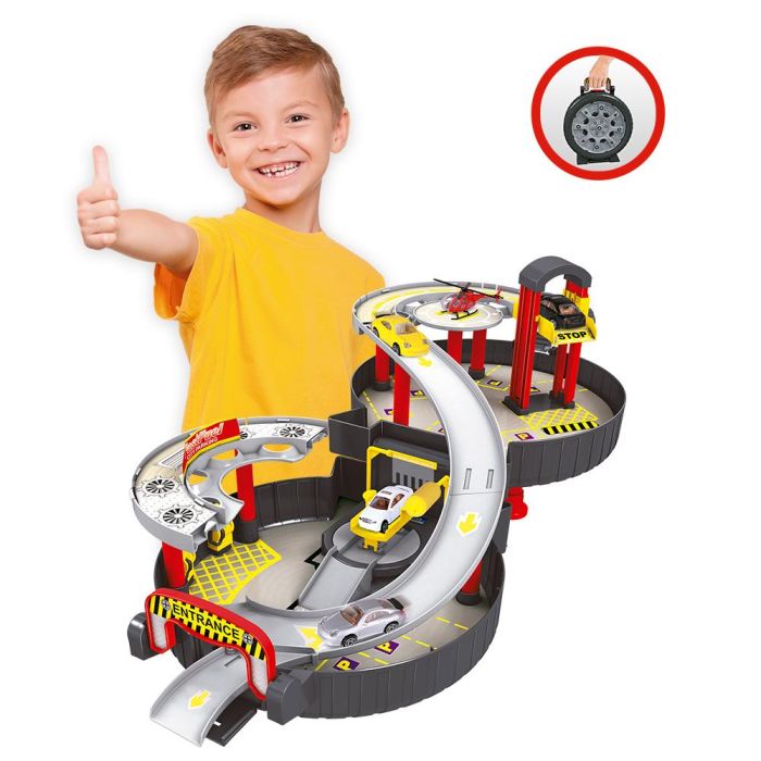 TACHAN Garaje Circuito en Maletín 2 Pisos con Lavadero, Elevador, Gasolinera, 2 Coches y Helicóptero para Niños +3 Años