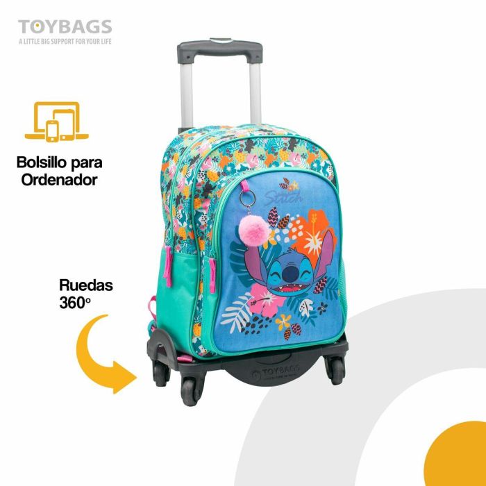 Toybags Mochila Primaria Stitch Tropical Doble Compartimento 44x30x20 cm + Carro Negro T963, Protector Lateral, 4 Ruedas 8 Toybags Mochila Primaria Stitch Tropical Doble Compartimento 44x30x20 cm + Carro Negro T963, Protector Lateral, 4 Ruedas 8