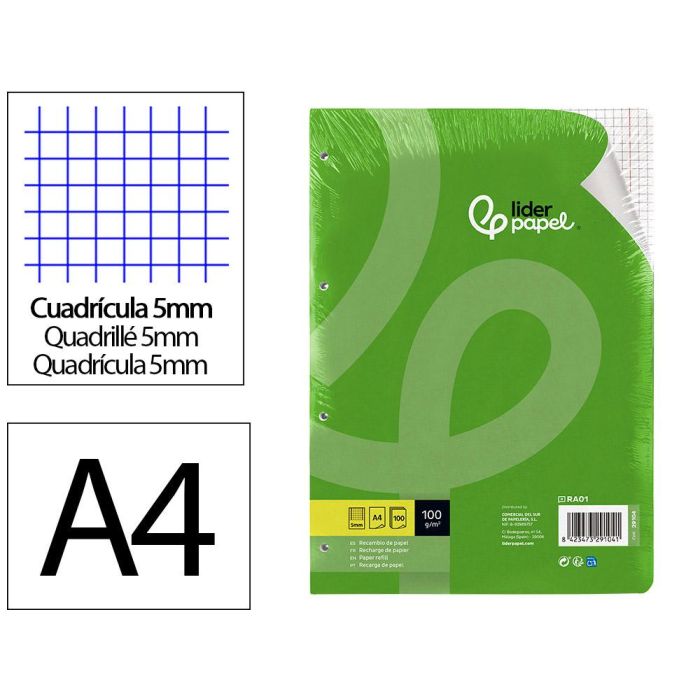 Recambio Liderpapel A4 100 Hojas 100 gr-M2 Cuadro 5 mm Con Doble Margen 4 Taladros