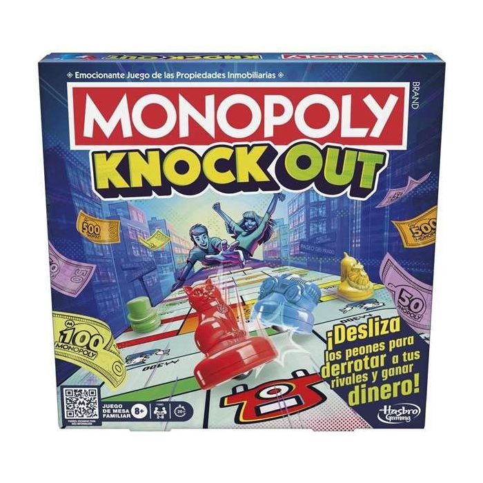 Juego monopoly knockout. desliza los peones para derrotar a tus rivales y ganar dinero.