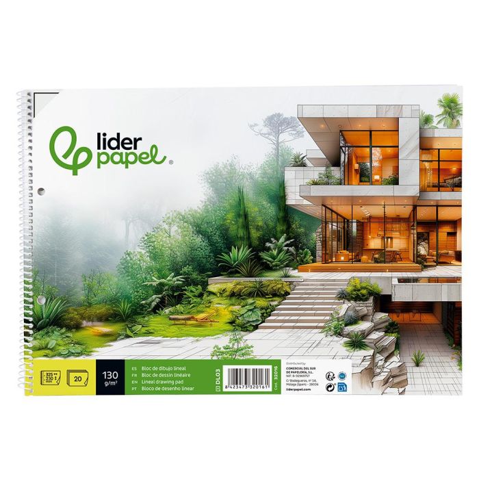 Bloc Dibujo Liderpapel Lineal Espiral 230x325 mm 20 Hojas 130 gr-M2 Con Recuadro 2 Taladros Perforado 1