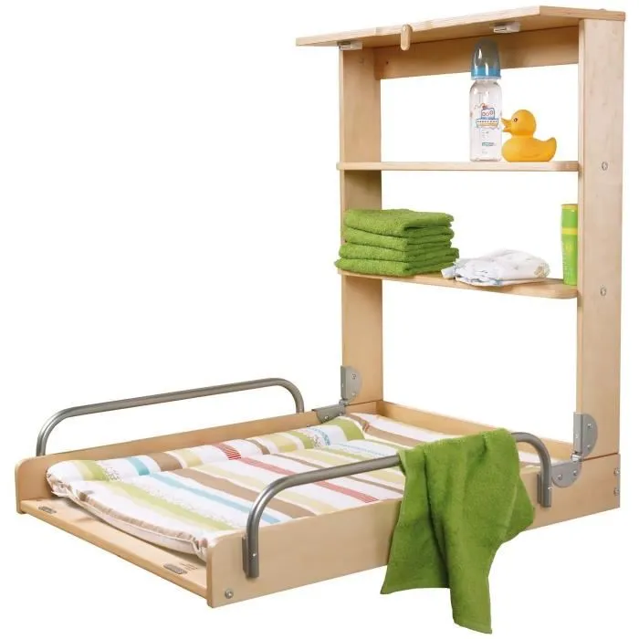 Roba Cambiador Plegable de Pared DSCHUNGELBABY con 2 Estantes Integrados y Colchón de Rayas Multicolor Incluido - Madera Natural 2