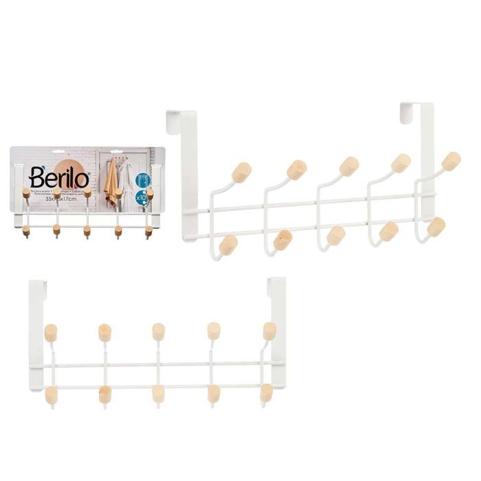 Berilo Percha de Metal y Madera con 10 Ganchos, Color Blanco, 35x17x15 cm (6 Unidades)