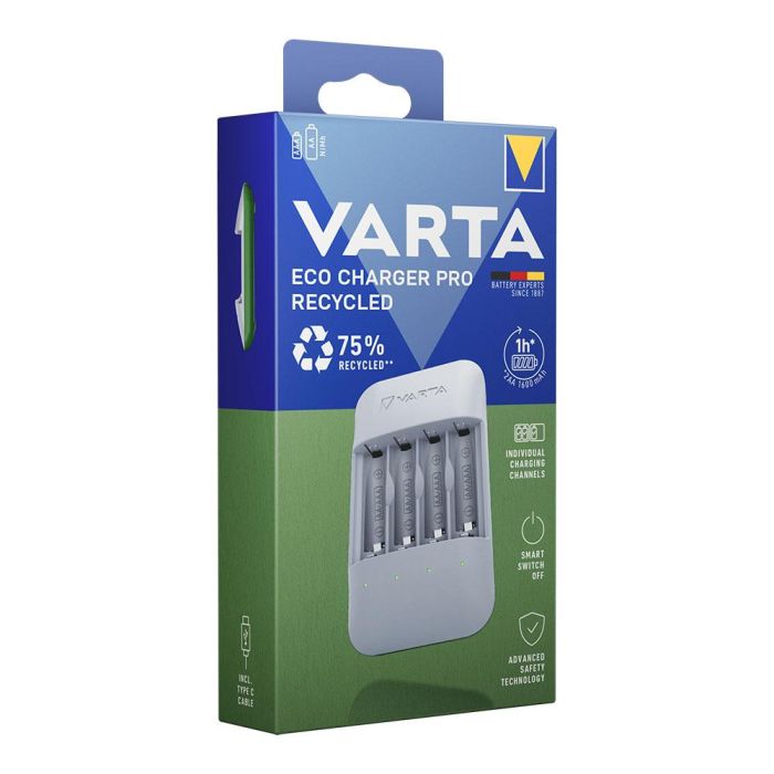 Varta Cargador Pilas Eco Charger Pro Recycled para 4 Pilas AA/AAA, Carga Rápida 1 Hora, Material Reciclado, Seguridad Avanzada 1
