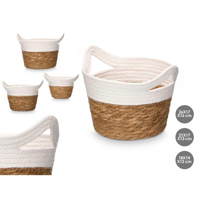 Giftdecor Set 3 Cestos Redondos de Papel y Fibra Natural con Asas, 16 cm de Alto, Color Blanco/Natural (8 Unidades)