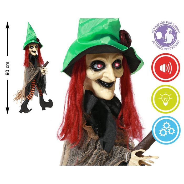 Bruja Colgante Con Sombrero Verde Y Pelo Rojo 90 cm, Con Luz Y Movimiento, Ideal Para Decoración Temática